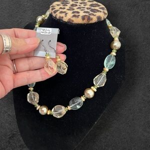 Vintage lemon quartz, period, faux pearls Beaded Necklace and Earring Set